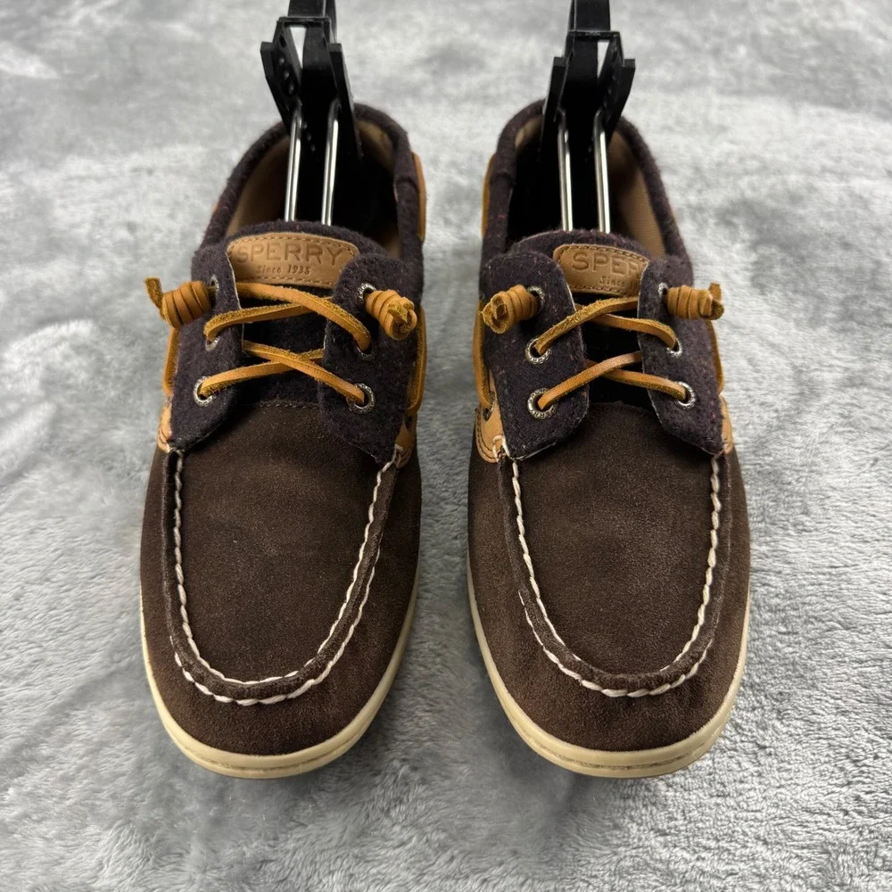 Sperry Top-Sider Women 9 Brown Suede Wool Boat Shoes Burgundy Mixed Preppy Fall